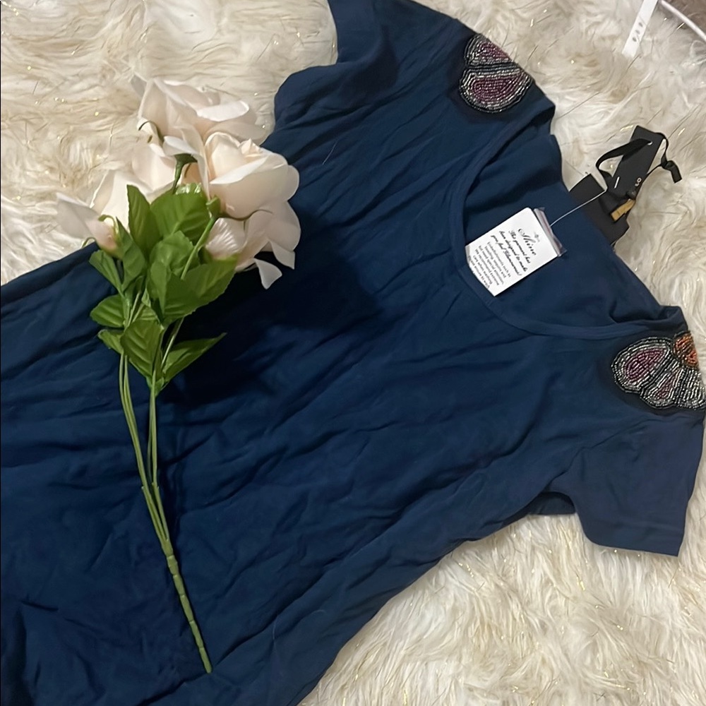 Anthropologie Blue Fitted Embellished Short Sleeve Tee